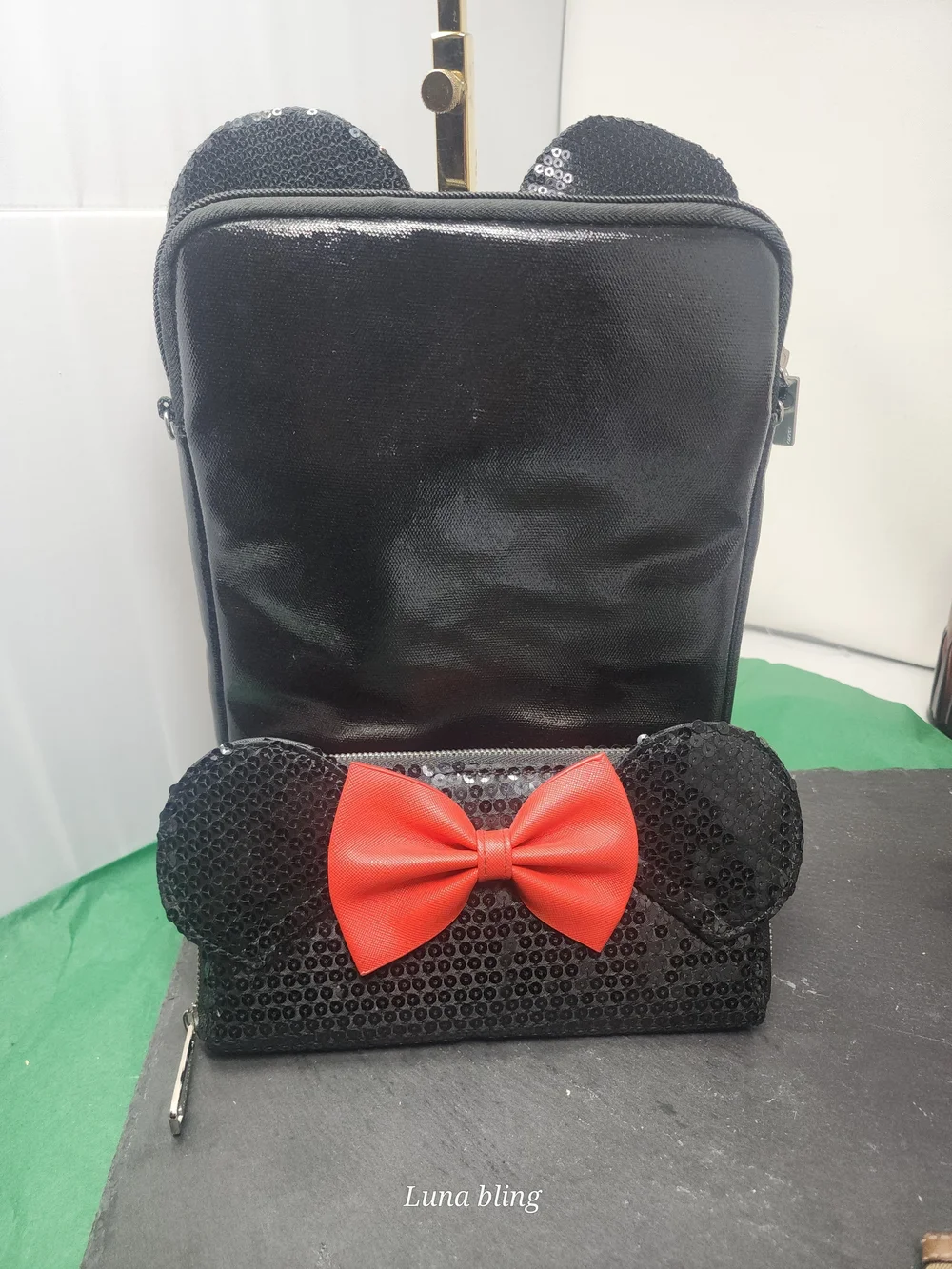Sequin Minnie Ear Crossbody Bag & Lounge Fly Wallet Set - Black with Red Bow